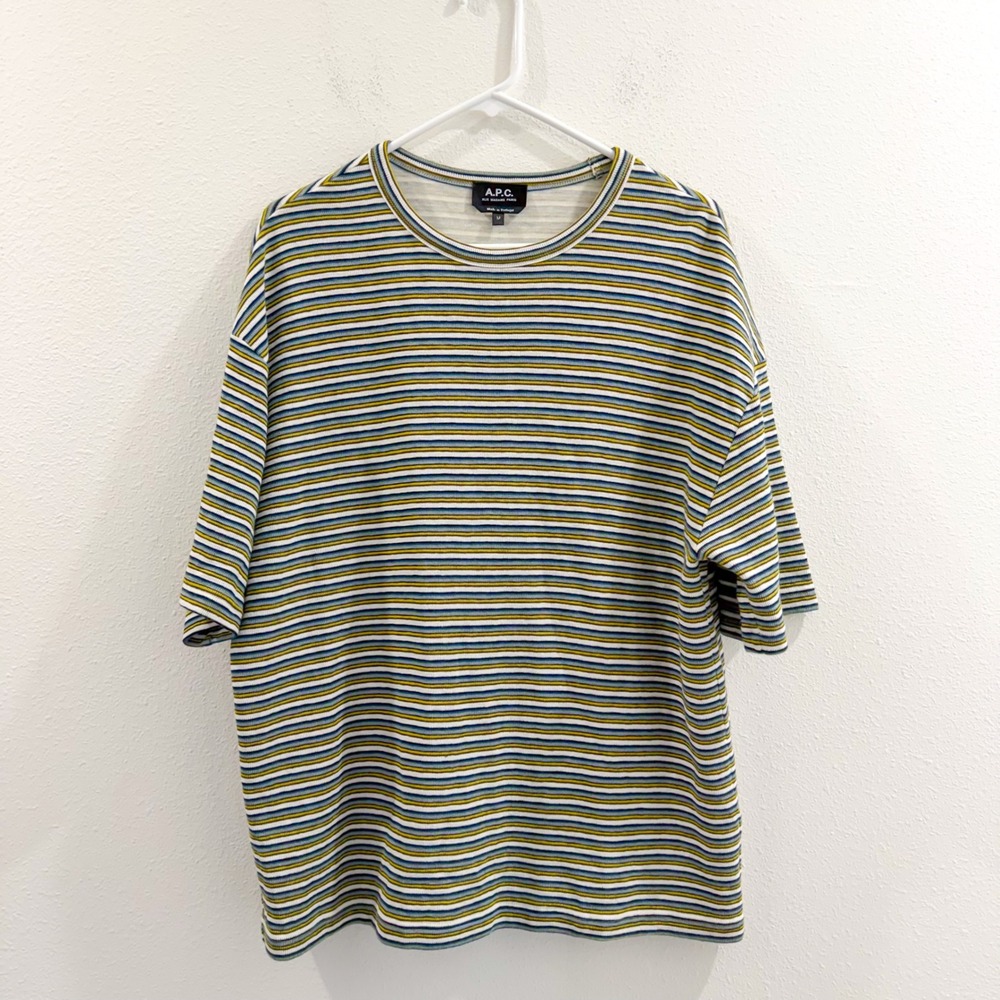 A.P.C. Rue Madame Paris Mens Bahia Cotton Knit T-Shirt Green Multi Retro Boho M - Picture 3 of 6
